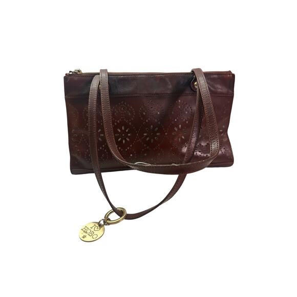 HOBO International Brown Leather Shoulder Bag Floral Perforated Zip Top Purse - Picture 1 of 12
